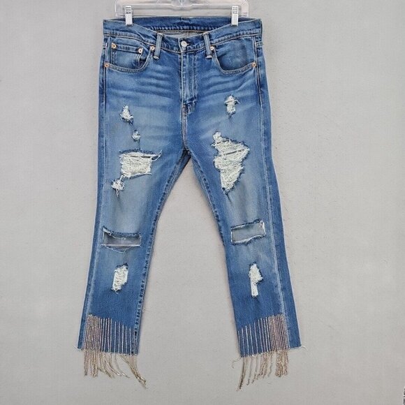 Levi's Denim - Custom Levi's Womens 33 Blue Distressed Front & Back Rhinestone Fringe Festival